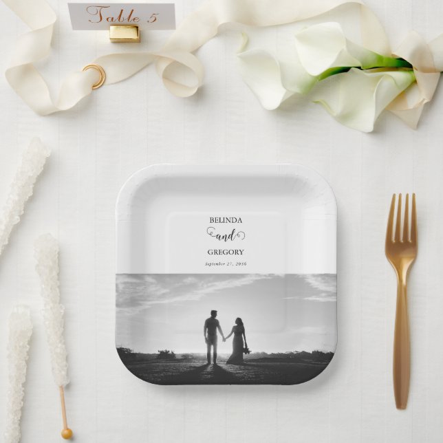 Modern White & Black Script Couple Photo Wedding Paper Plates (Wedding)