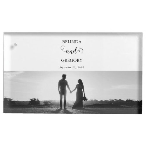 Modern White  Black Script Couple Photo Wedding Place Card Holder