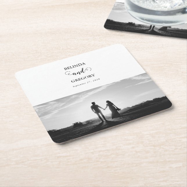 Modern White & Black Script Couple Photo Wedding Square Paper Coaster (Angled)
