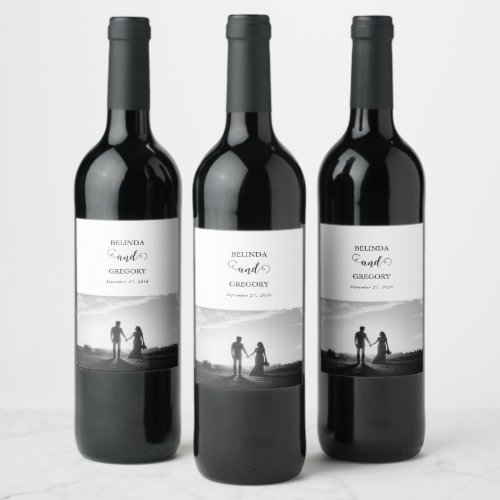 Modern White  Black Script Couple Photo Wedding Wine Label