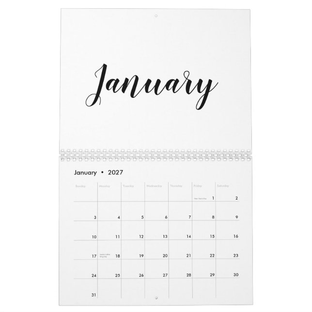 Modern white black script month minimalist custom calendar (Jan 2027)