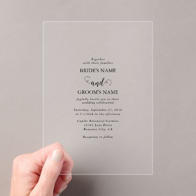 Modern White & Black Script Overlay Wedding Acrylic Invitations (Insitu (Handheld))