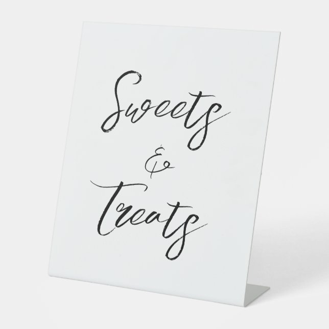 Modern White Black Script Sweets Treats Wedding Pedestal Sign (Front)