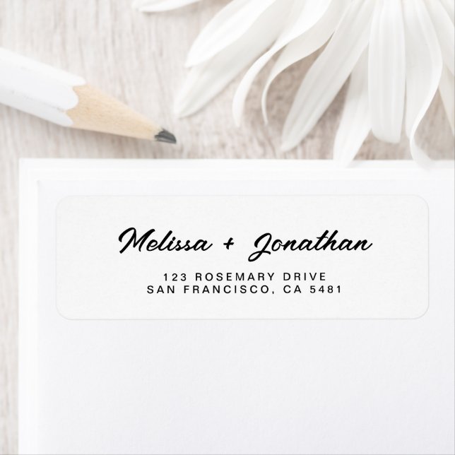 Modern White Black Script Wedding Return Address Label (Insitu)