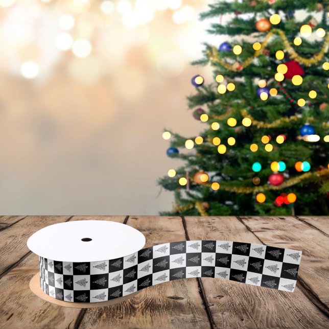 Modern White & Black Squares Christmas Trees Satin Ribbon (Creator Uploaded)