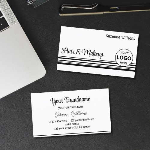 Modern White Black Stripes with Logo Professional Business Card