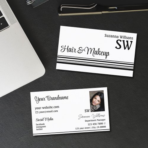 Modern White Black Stripes with Monogram and Photo Business Card