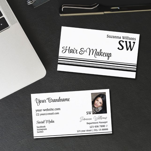 Modern White Black Stripes with Monogram and Photo Business Card (Creator Uploaded)
