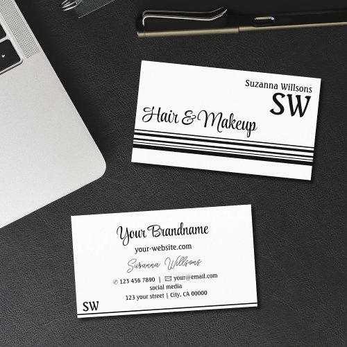 Modern White Black Stripes with Monogram Stylish Business Card