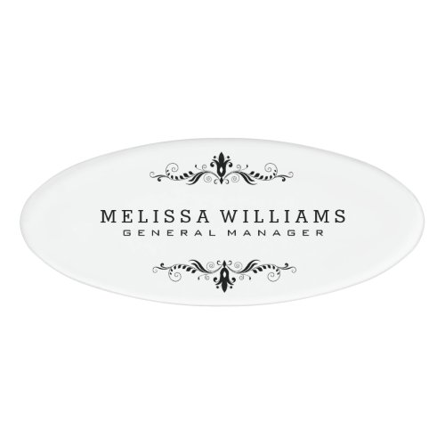 Modern White  Black With Swirls Frame Name Tag