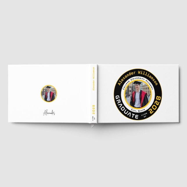 Modern White Black Yellow Graduation Photo Guest Book (Full)