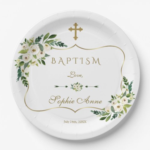 Modern White Blooming Floral Girl Baptism Paper Plates