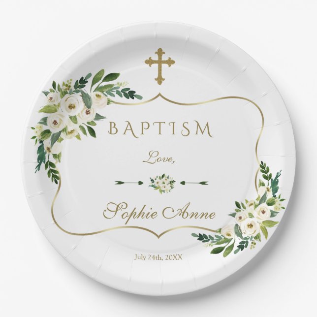 Modern White Blooming Floral Girl Baptism Paper Plates (Front)
