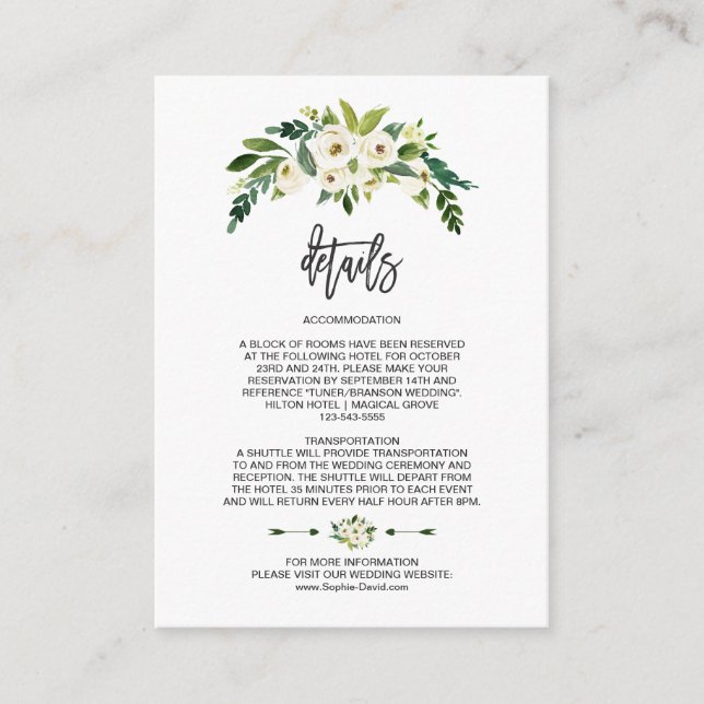 Modern White Blooming Floral Handwriting Details Enclosure Card (Front)