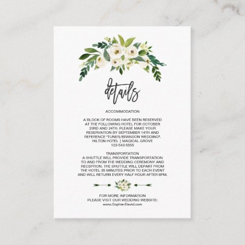 Modern White Blooming Floral Handwriting Details Enclosure Card