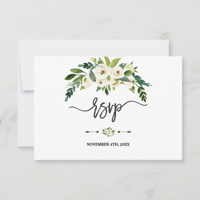 Modern White Blooming Floral Handwriting RSVP Card (Front)