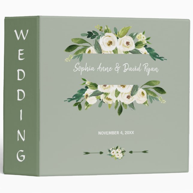 Modern White Blooming Floral Handwriting Wedding 3 Ring Binder (Front/Spine)