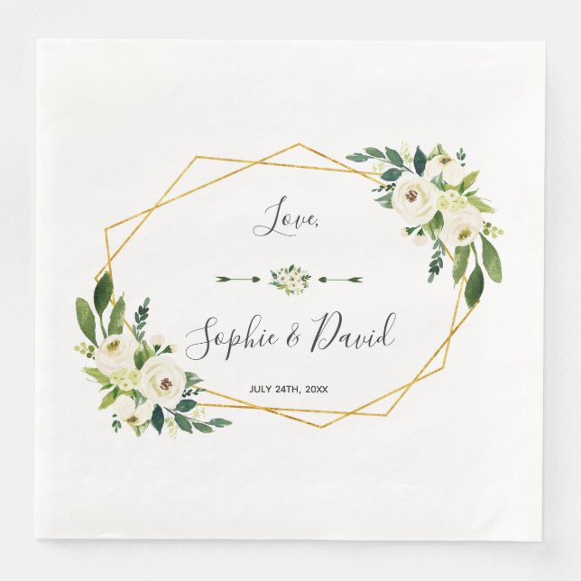 Modern White Blooming Floral Handwriting Wedding Paper Dinner Napkins (Front)
