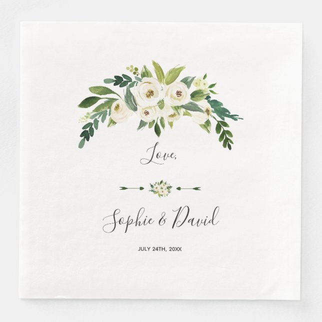 Modern White Blooming Floral Handwriting Wedding Paper Dinner Napkins (Front)