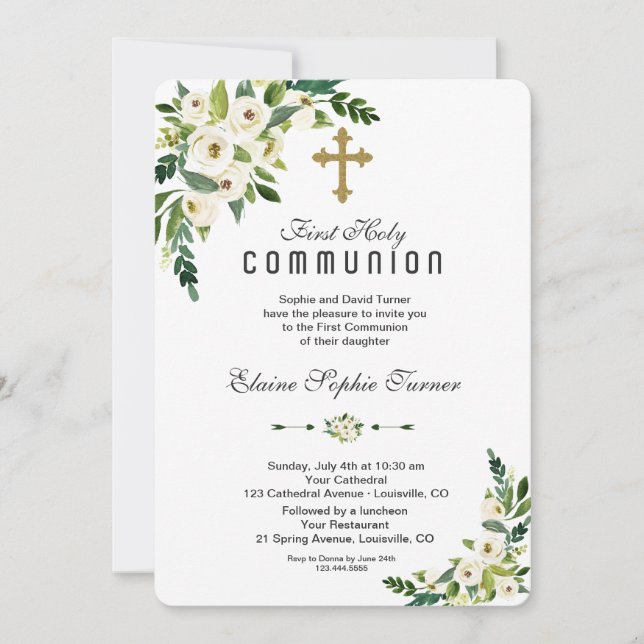 Modern White Blooming Floral Holy Communion Invitation (Front)