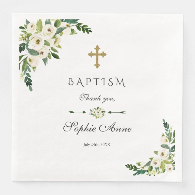 Modern White Blooming Floral Peonies Baptism Paper Dinner Napkins (Front)