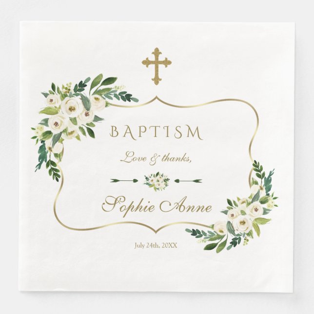 Modern White Blooming Floral Peonies Baptism Paper Dinner Napkins (Front)