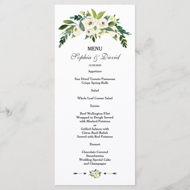 Modern White Blooming Floral Wedding Menu (Front)