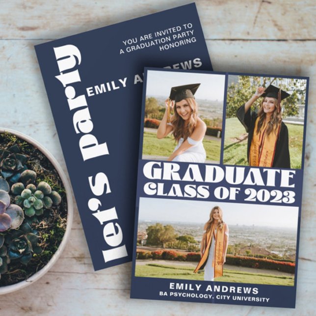 Modern White & Blue 3 Photo Grad Party Invitation (Creator Uploaded)