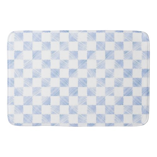 Modern White Blue Checkerboard Pattern Bath Mat