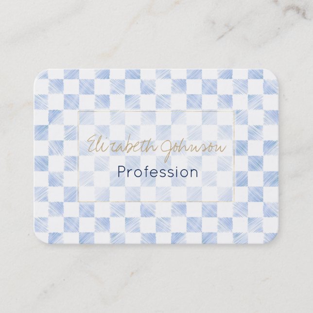Modern White Blue Checkerboard Pattern Business Card (Front)