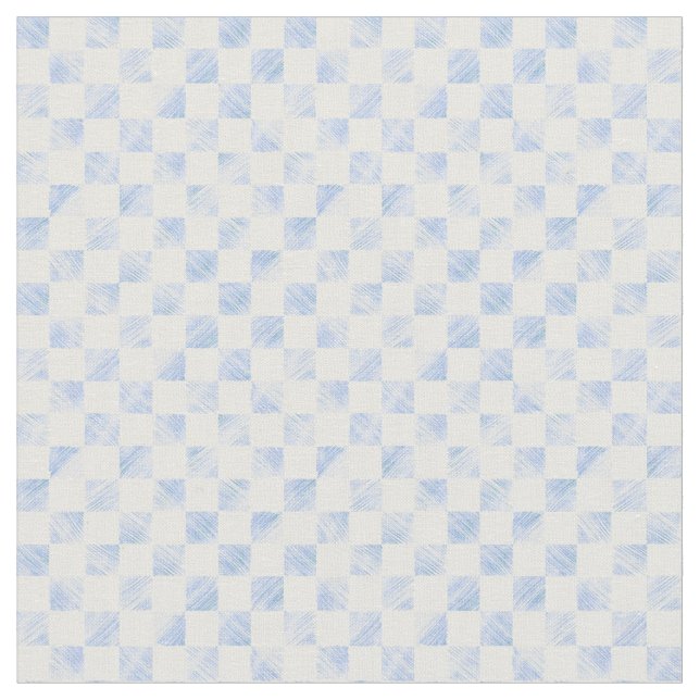Modern White Blue Checkerboard Pattern Fabric (Close Up)