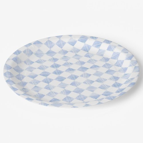 Modern White Blue Checkerboard Pattern Paper Plates