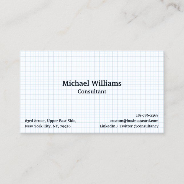 Modern White Blue Checkered Geometric Pattern Chic Business Card (Front)