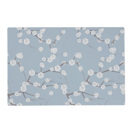 Modern White Blue Cherries Blossom Floral Pattern Placemat