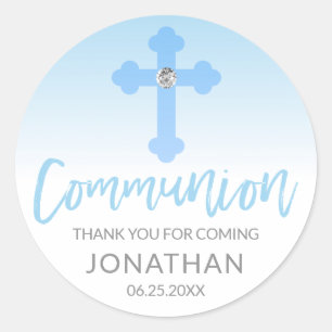 Modern White Blue Cross COMMUNION Boy Thank You Classic Round Sticker