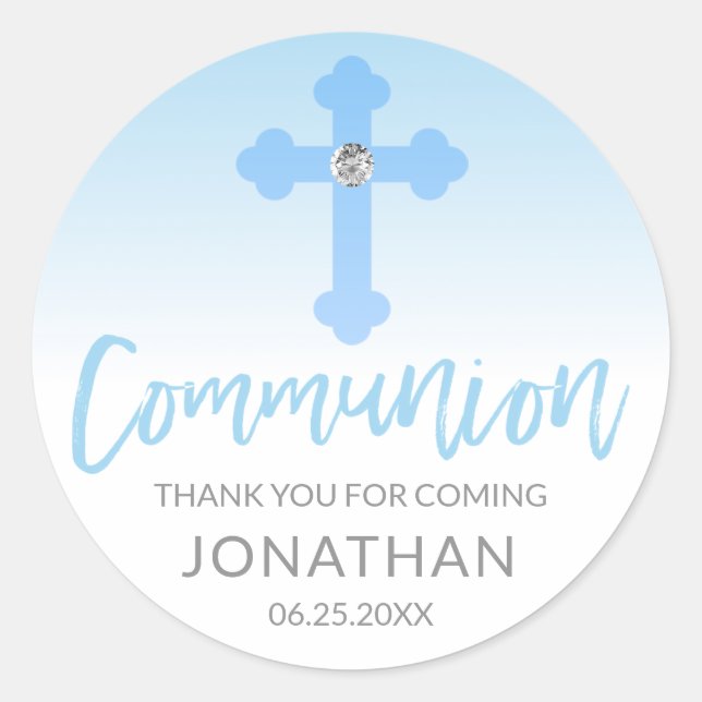 Modern White Blue Cross COMMUNION Boy Thank You Classic Round Sticker (Front)