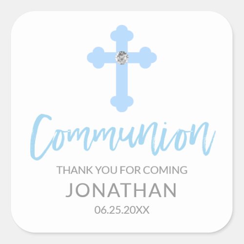 Modern White Blue Cross COMMUNION Boy Thank You Square Sticker
