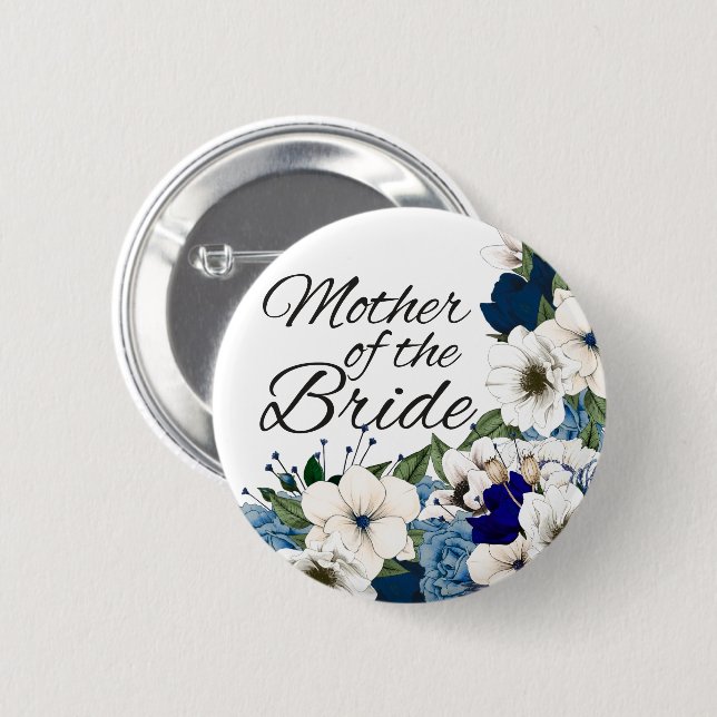 Modern White Blue Floral Mother Of The Bride Button (Front & Back)
