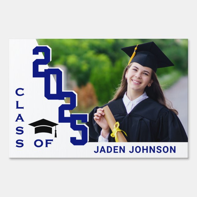 Modern White Blue Graduation Banner Photo Yard Sign (Front)