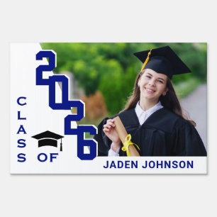 Modern White Blue Graduation Banner Photo Yard Sign