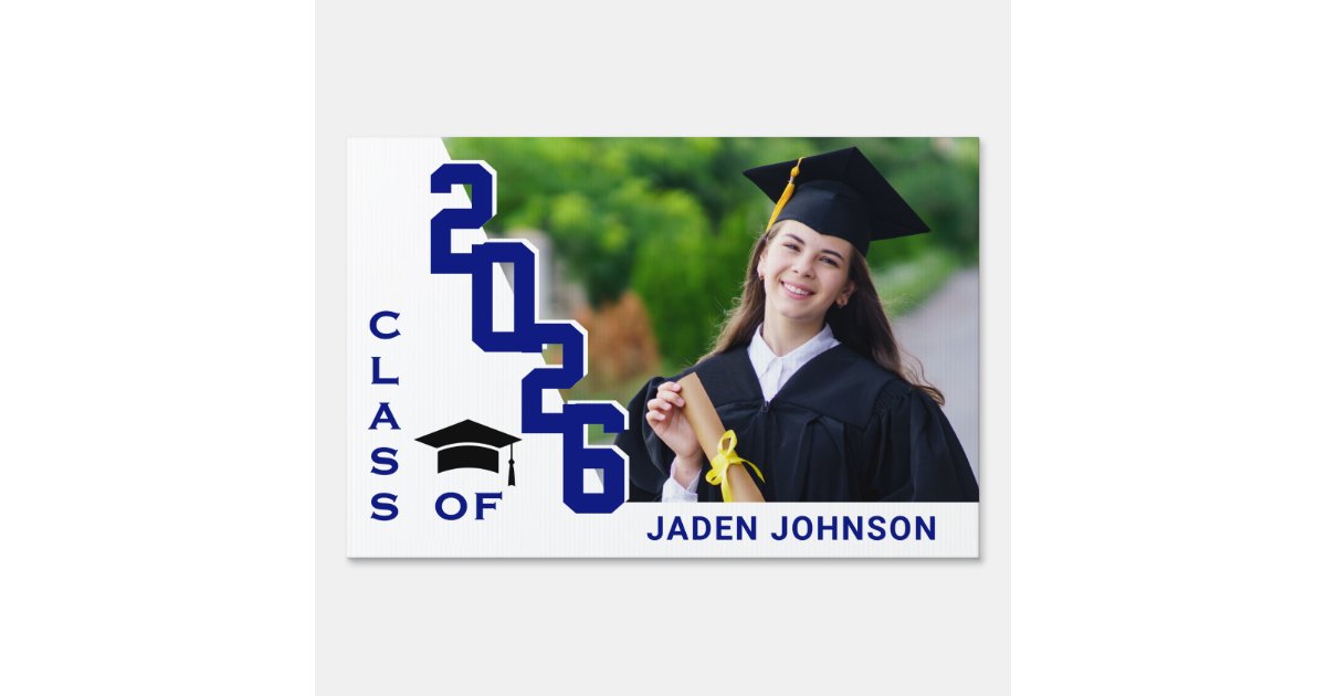 Modern White Blue Graduation Banner Photo Yard Sign | Zazzle