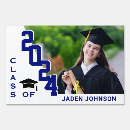 Modern White Blue Graduation Banner Photo Yard Sign