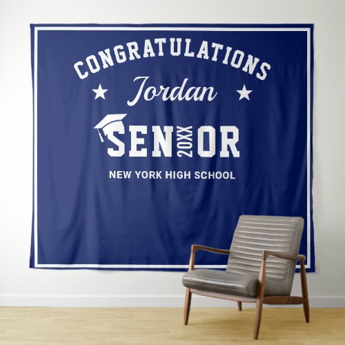 Modern White Blue Graduation Photo Booth Backdrop