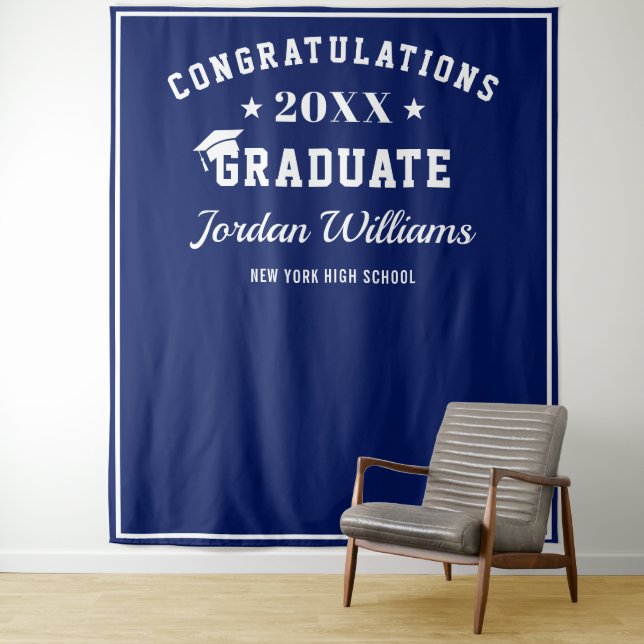 Modern White Blue Graduation Photo Prop Backdrop (In Situ)