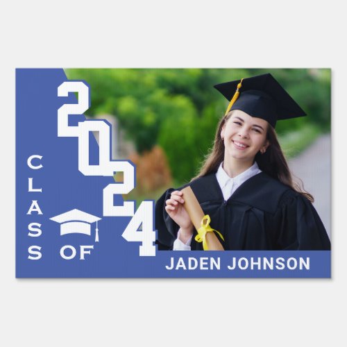 Modern White Blue Graduation Photo Yard Sign