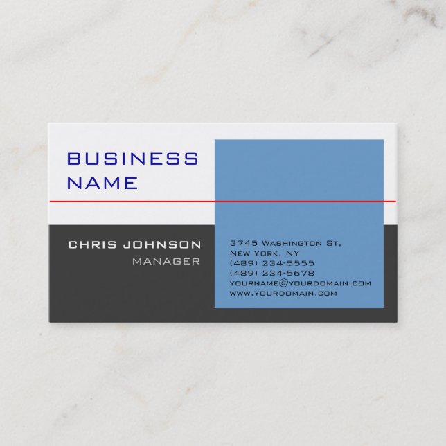 Modern White Blue Gray Red Trendy Business Card (Front)