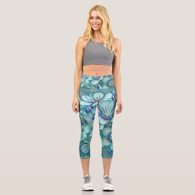 Modern White Blue Green Cherry Blossom Watercolor  Capri Leggings (Front)