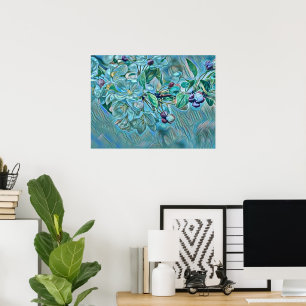 Modern White Blue Green Cherry Blossom Watercolor Poster