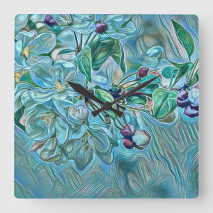 Modern White Blue Green Cherry Blossom Watercolor Square Wall Clock