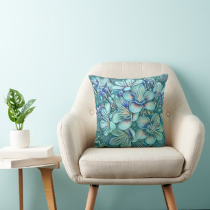 Modern White Blue Green Cherry Blossom Watercolor Throw Pillow